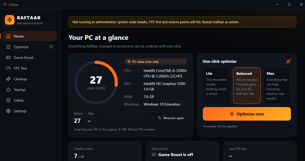 Raftaar home screen with load score, PC specs and one-click optimize